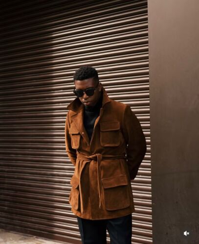 Brown Soft Suede Men Safari Jackets with Belt Four Pockets Casual Hunting Coat - Picture 3 of 8