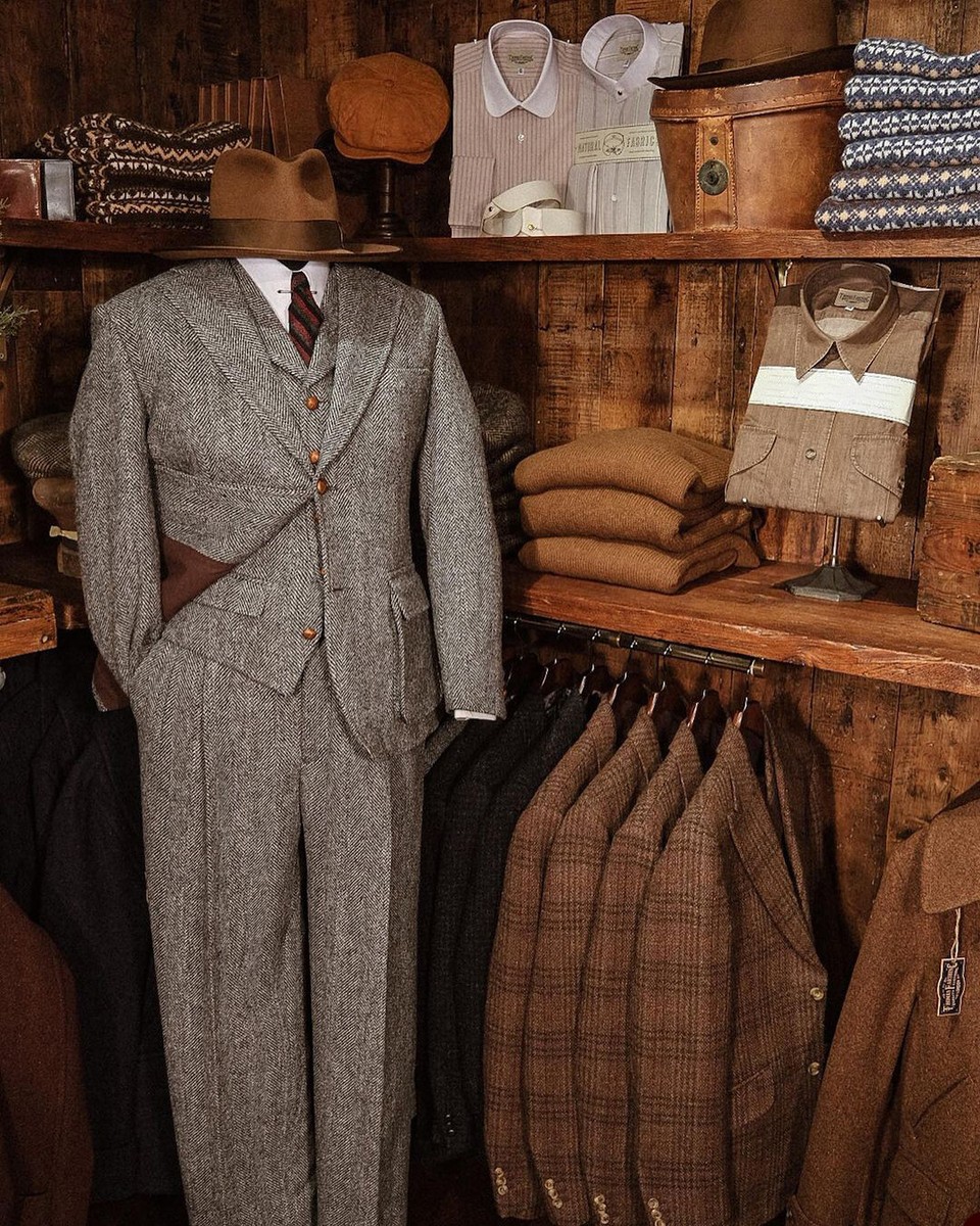 スーツ Late 50s style herringbone stripes Winter Brown Herringbone Men's Retro Suits Single Breasted