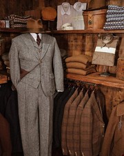 Men's Winter Brown Herringbone Retro Suits Single Breasted Wide Lapel 3 Pieces