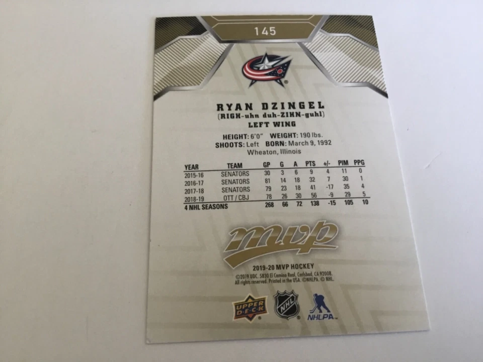 2019-20 19-20 UD Upper Deck MVP  Gold Script #145 Ryan Dzingel - Image 2 of 2