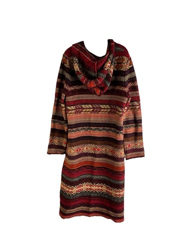 Vintage 90s Womens Medium Western Navajo Knit Hooded Long Cardigan Sweater Coat - Picture 5 of 9