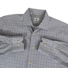 David Donahue Men's Large White Blue Tan Plaid Check Button Down Dress Shirt EUC