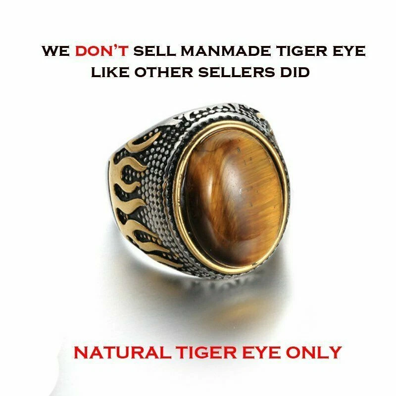 Mens Stainless Steel Gold Natural Oval Tiger Eye Stone Ring Men Size 7-15 Gift - image 4 of 4