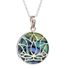 Lotus Flower Pendant Abalone Paua Shell 925 Sterling Silver 18" Necklace & Boxed