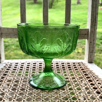 Vintage Green Pedestal Bowl Floral Pressed Glass Compote Dessert Dish FTD 1978