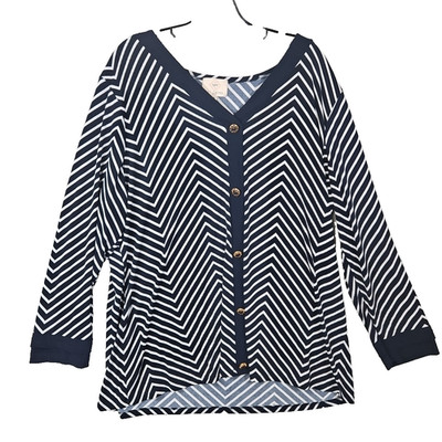727 Trend Top Women s Size 2X Blue White Gold Buttons Long Sleeve V Neck