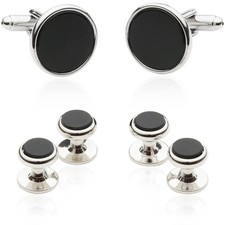 Men  s Black Onyx Silver Tuxedo Cufflinks  Studs Set   Wedding, Prom, Black-T...