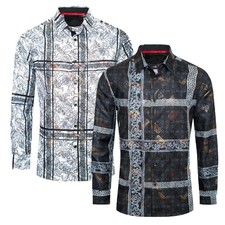 Mens Shirt Italian Stripe Floral Prints Gold Overlay Stretch Slim Fit Button Up