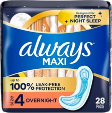 Always Maxi Pads without Wings, Size 4, Overnight Absorbency, 28 CT