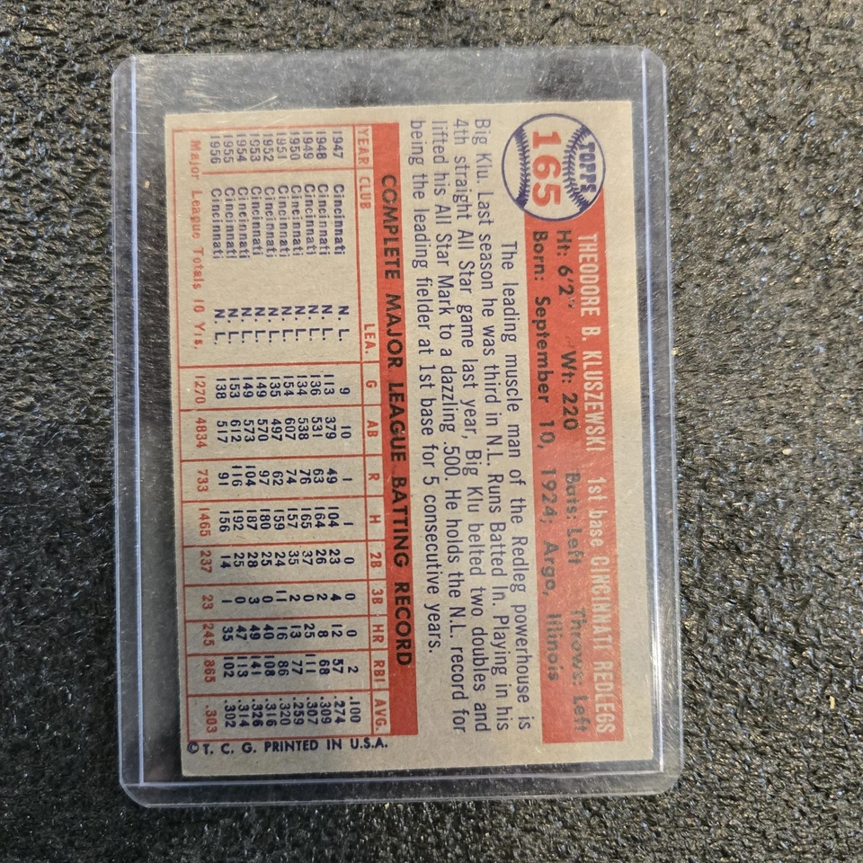 1957 年 Topps #165 Ted Kluszewski Reds Ex-Mint Centered 辛辛那提红人队 — 第 2/2 张图片