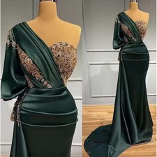 Emerald Green Mermaid Prom Dresses Satin Gold Rhinestone Embroidery Party Gowns