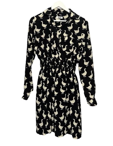 Abito MOSCHINO Cheap&Chic UK 14 nero crema stampa uccellino d'oca 100% seta Italia