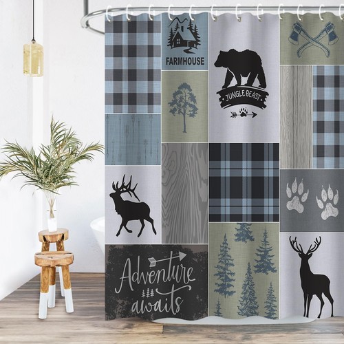 Cabin Shower Curtain, Rustic Shower Curtain, Farmhouse Bear Deer Shower Curta...