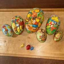 German Paper Mache Easter Egg Six Pieces Plus Little Wood Eggs