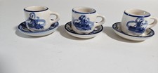 Vintage Delft Blue Hand Painted Teacup and Saucers Set Of 3 Tiny Miniature