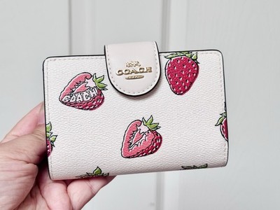 NWT Coach Medium Corner Zip Wallet With Strawberry Print CAP01 in Chalk Multi