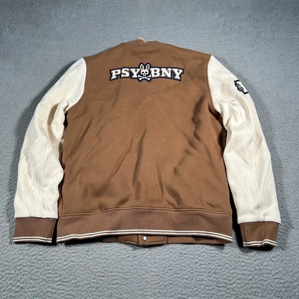 Chaqueta Universitaria Psycho Bunny Bomber Hombre Pequeña Letterman Marrón Beige Foto 2 de 4