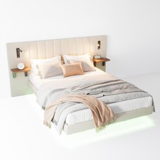 PLUSH VELVET UPHOLSTERED BED FRAME 5FT KING BED WITH BUILT-IN LIGHTS & CHARGING