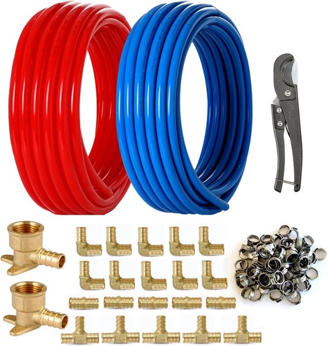 1/2 Inch PEX-B Pipe/Tool Kit Blue Red 100 Feet PEX Tubing w/ 62 PK PEX Fittings