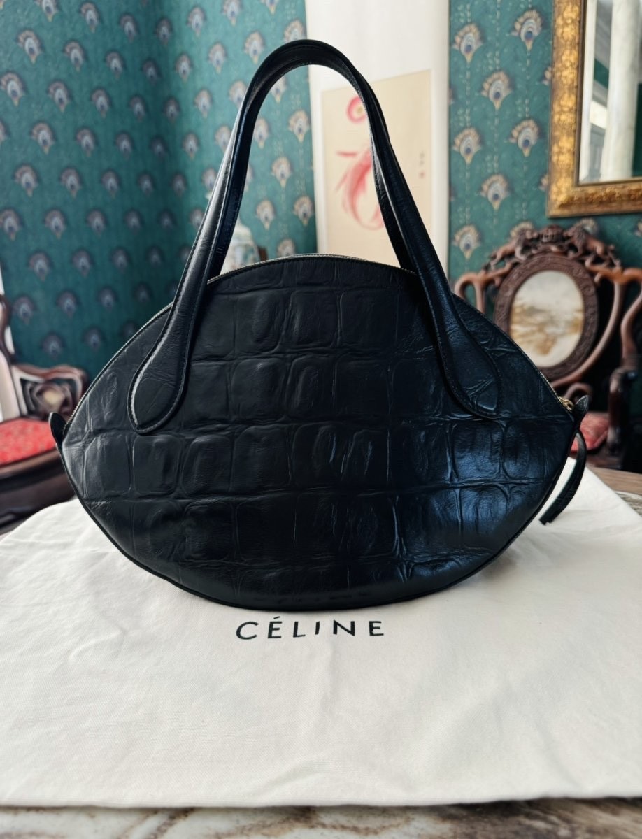 Authentic Celine $4100 Black Curved Phoebe Philo Moon Smile Croc Luggage Bag image 2