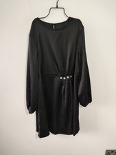 Women Party knee Dress Size 2XL 14 16 Black Satin Silky Long Sleeve Buttons