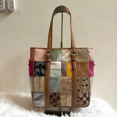 COACH Handbag Tote Patchwork B06Q-10001 Blue Brown Vintage Auth