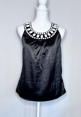 The Limited NWT Women's SZ M Blouse Beaded Neckline Black Satiny Sleeveless Top