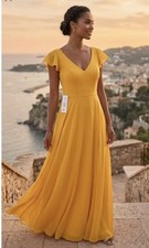 Azazie Women’s Deep Yellow V-neck Maxi Dress Size A16 NWT