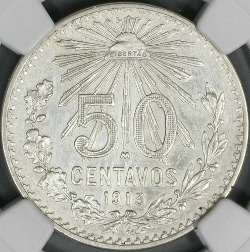 1913/07 NGC AU Det Mexico 50 Centavos Rare Overdate Silver Coin (21090604C)
