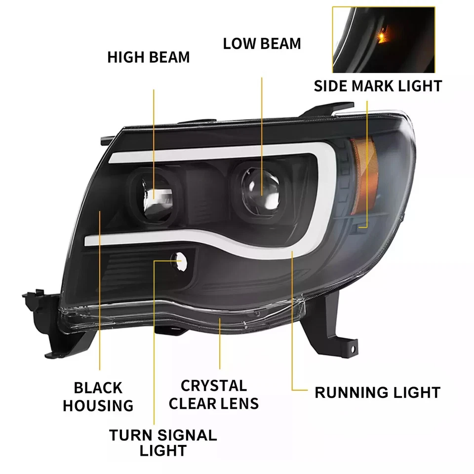 For 2005-2011 Toyota Tacoma LED Tube Black Projector Headlights Right & Left DOT - Bild 2 von 4