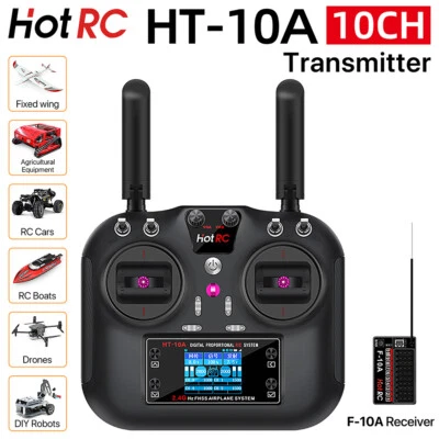 HOTRC HT-10A 2.4G 10CH RC Transmitter Remote Control System with F-10A Receiver