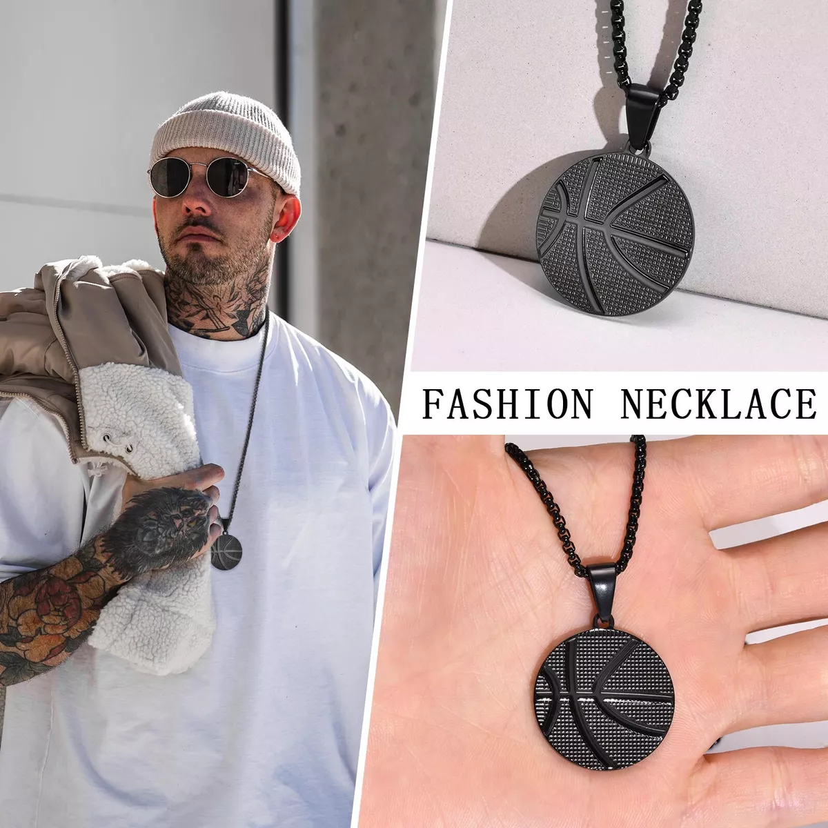 Vnox Men Basketball Pendant Necklace Stainless Steel Hip Hop Sport Jewelry