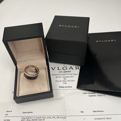 Bvlgari B.Zero1 Ring 18k Rose Gold & Blue Marble 4-band Size 56 US 7 NEW RECEIPT