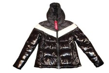 New Invicta Jessica Faux Down High Collar Puffer Black Striped Ski Parka Shiny