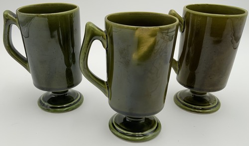 3 Original MCM Ceramic MUGS Cups Green Glaze Blue Poppy Swirl Pattern JAPAN MINT - Picture 6 of 7