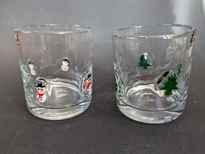 Pair of double old fashioned glasses - snowman, trees - please read