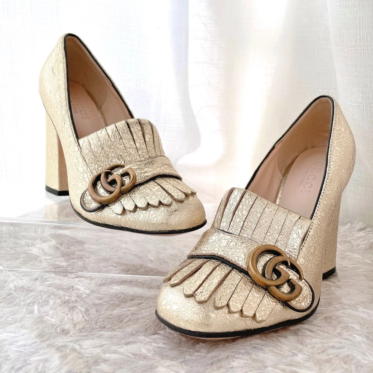 GUCCI GG Marmond Fringed High Heel Pumps Metalic Gold Size 36 US 6 408206