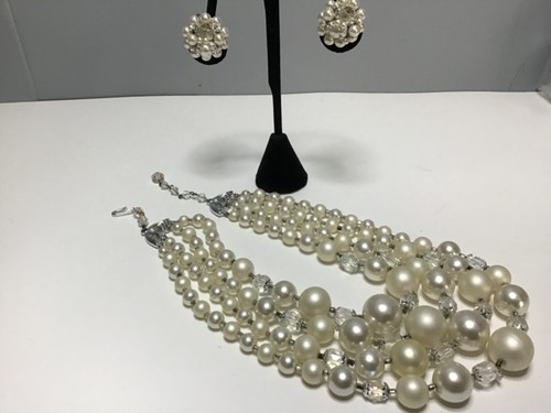 Vtg Faux Pearl & AB Glass Beaded 4 Strand Necklace & Clip on SIGNED Japan - Picture 4 of 6