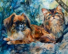 Pekingese and Maine Coon cat in a whimsical setting wate 8x10 Print