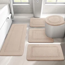 Beige Memory Foam Bathroom Rug Set 5 Piece, Absorbent Bath Mat Sets, Set5 Pieces