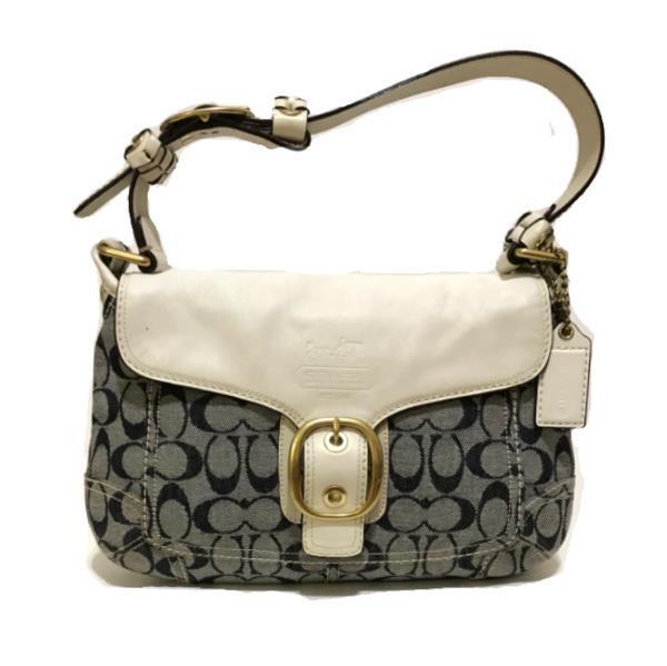 MINT Coach Bleecker Denim Signature C White Leather Trim Flap Bag