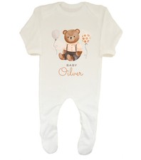 Personalised Teddy Bear Baby Grow Sleepsuit Baby Arrival Birth Boys Gift