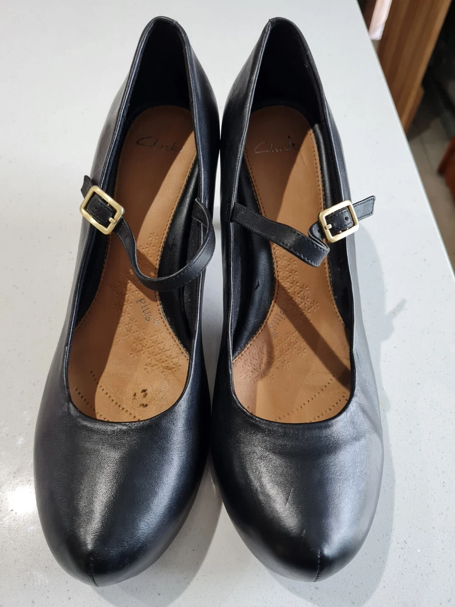 Clarks Plus Black Leather Strap Heeled Court Shoes Size 8