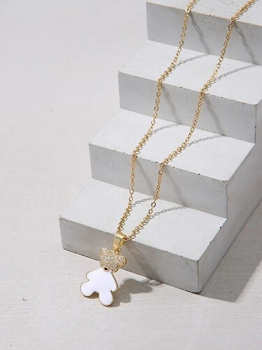 Stainless Steel Gold Colored Cubic Zirconia & White Bear Pendant Necklace - Picture 2 of 2