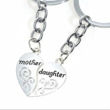 Mother and Daughter Heart Key Chain, Silver tone