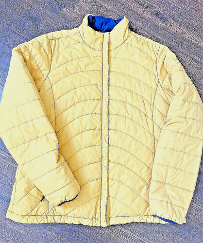 Lands End Large L 14-16 Yellow Navy Puffer Quilted Nylon Zip Coat