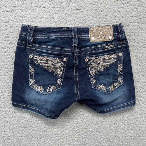 Miss Me Denim Shorts Girls 14 Dark Wash Whiskers Beach Cover Bling Biker chic