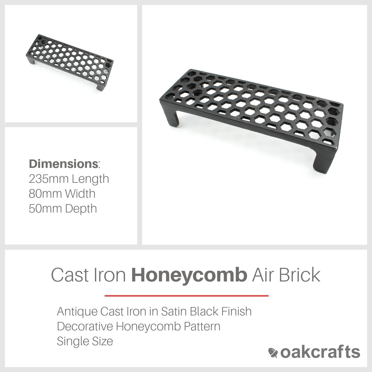 Antique Cast Iron Single Honeycomb Air Brick in Satin Black - 235mm x 80mm