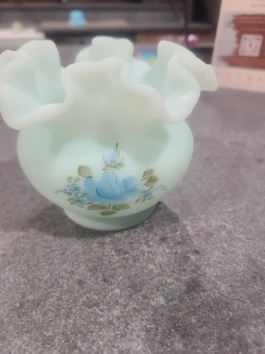Fenton Satin Glass Hand Painted Blue Rose Ruffled Bowl Vase Signed
