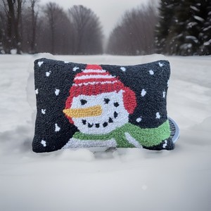 Winter Snowman Artisan Hand Hooked Wool Decorative Throw Pillow Black Snow